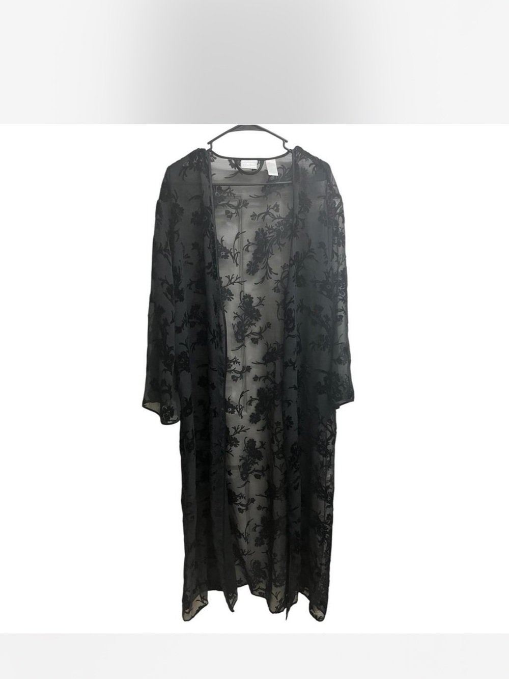VTG Black Sheer Floral Velvet Burnout Kimono Robe Bell Sleeves SZ M